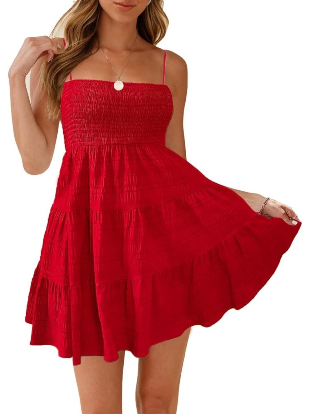 Women's Red Spaghetti Strap Sleeveless Smock Cami Mini Dress Summer Flowy Boho
